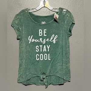Justice Burnout Positive Tee Olive Tie Front Short Sleeve Crew Neck Shirt 6/7